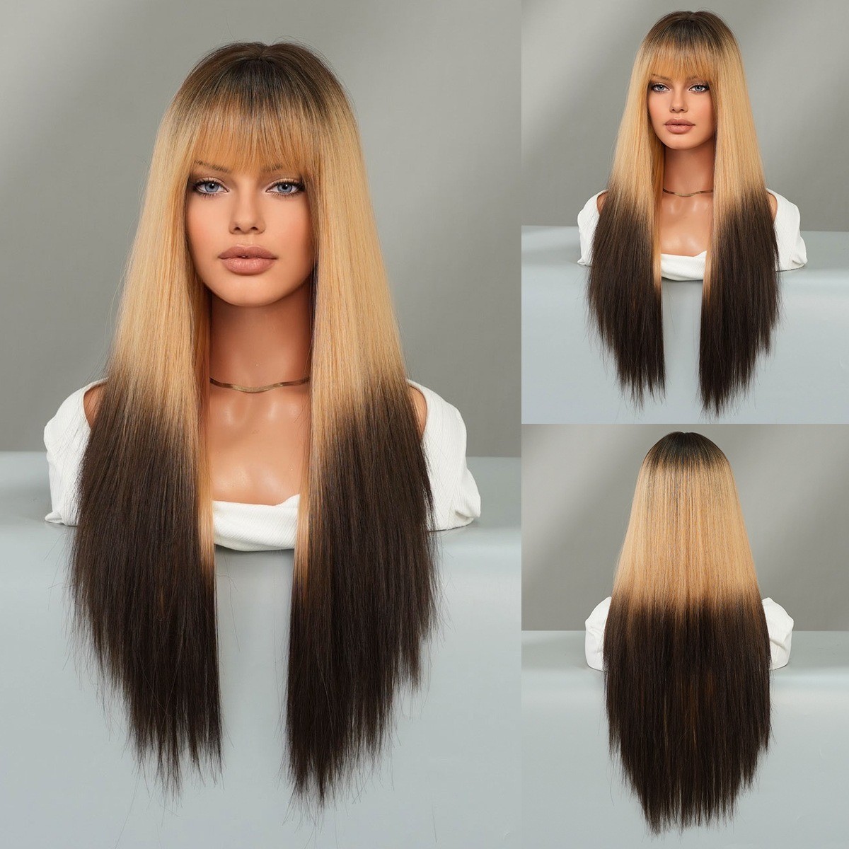 Long Straight Ginger Wig with Bangs for Women Synthetic Hair