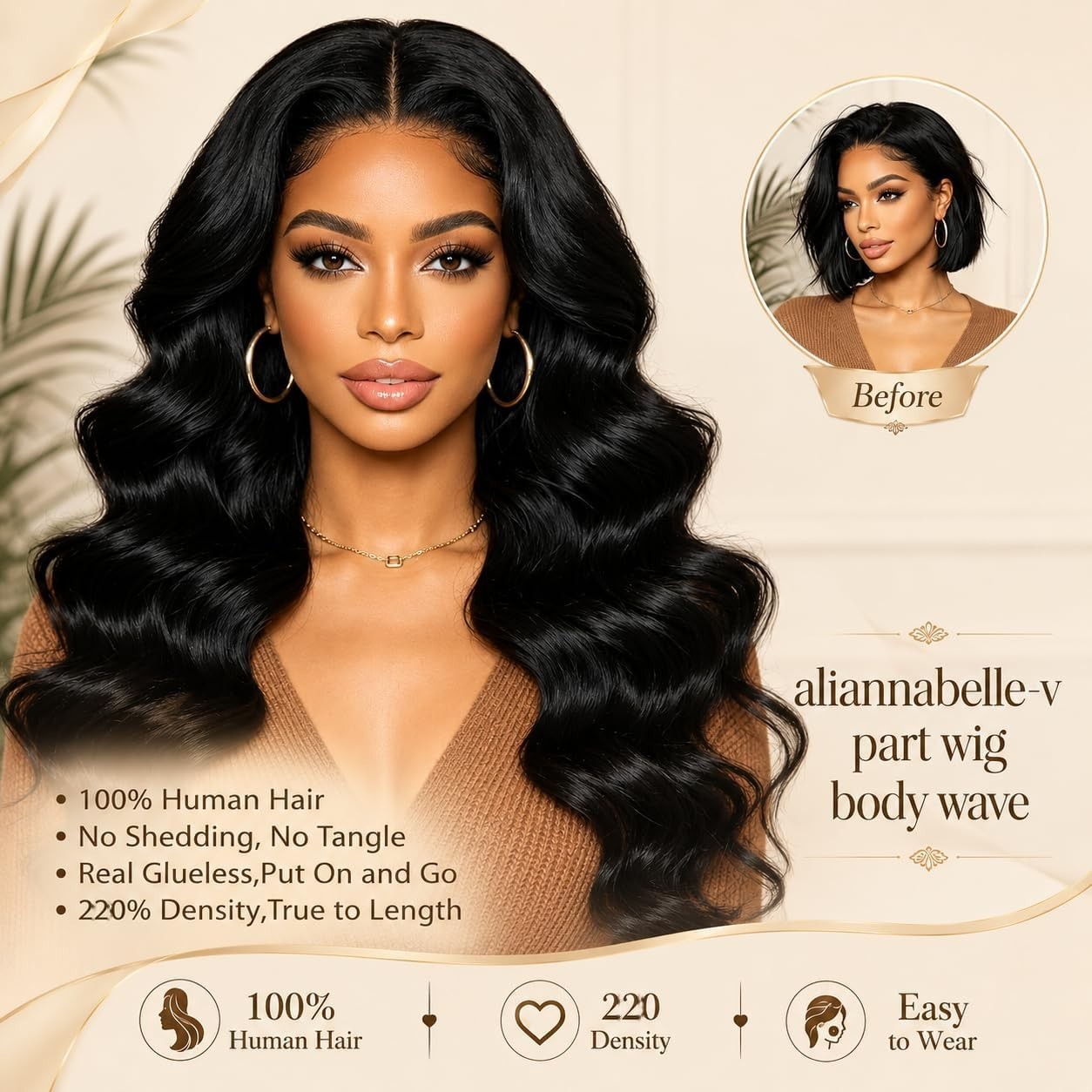 18 Inch Body Wave V Part Wig – 220% Density, Glueless Clip-In Half Wig for Women
