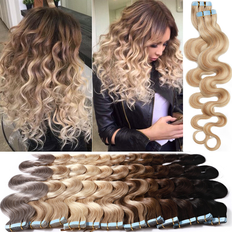 20/40/60pcs Thick Tape In Human Hair Extensions Skin Weft Body Wave Curly #Brown