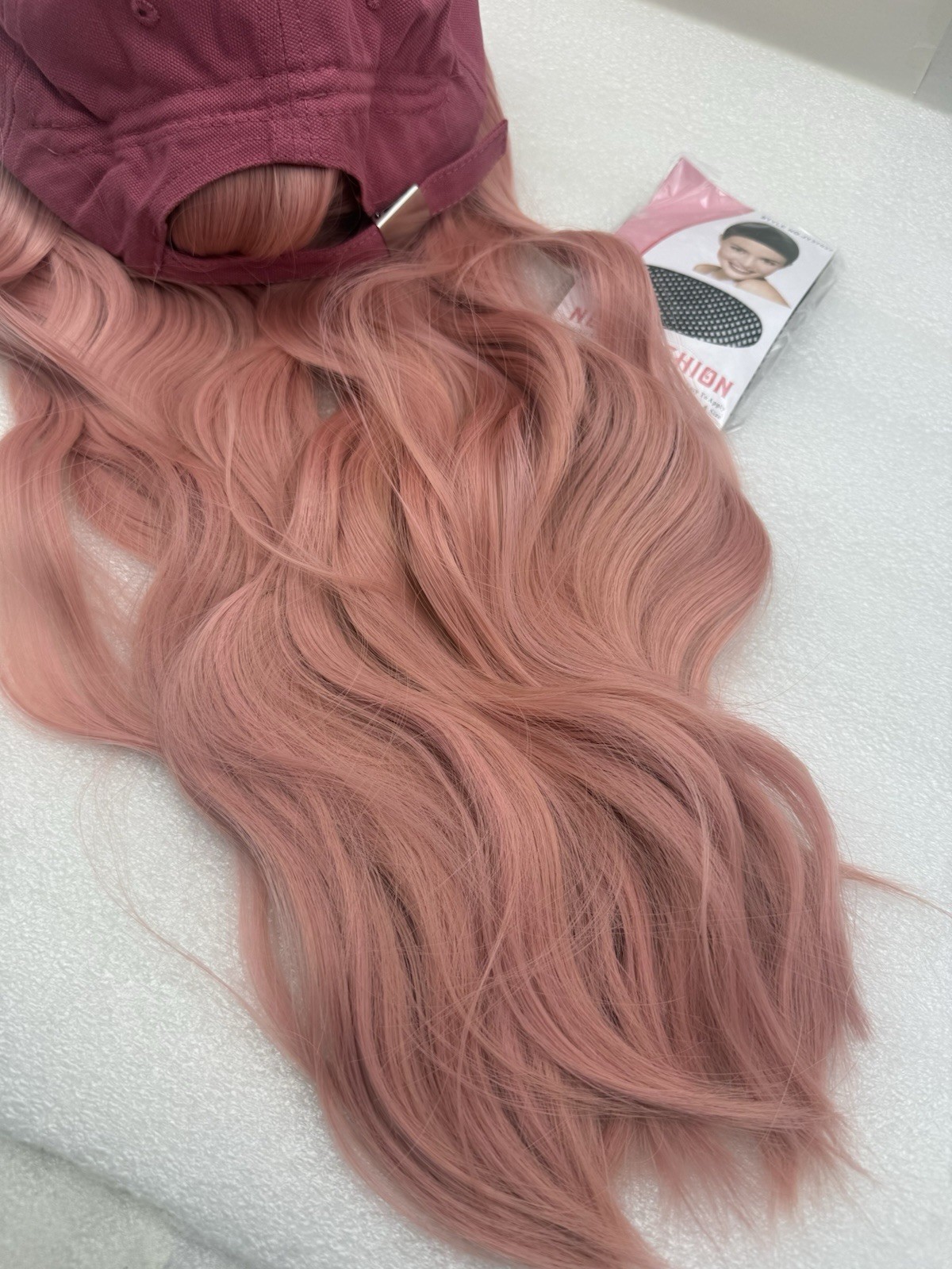 Baseball Cap Wig Pink Hat with Hair for Women Adjustable w/Heat Resistant *READ