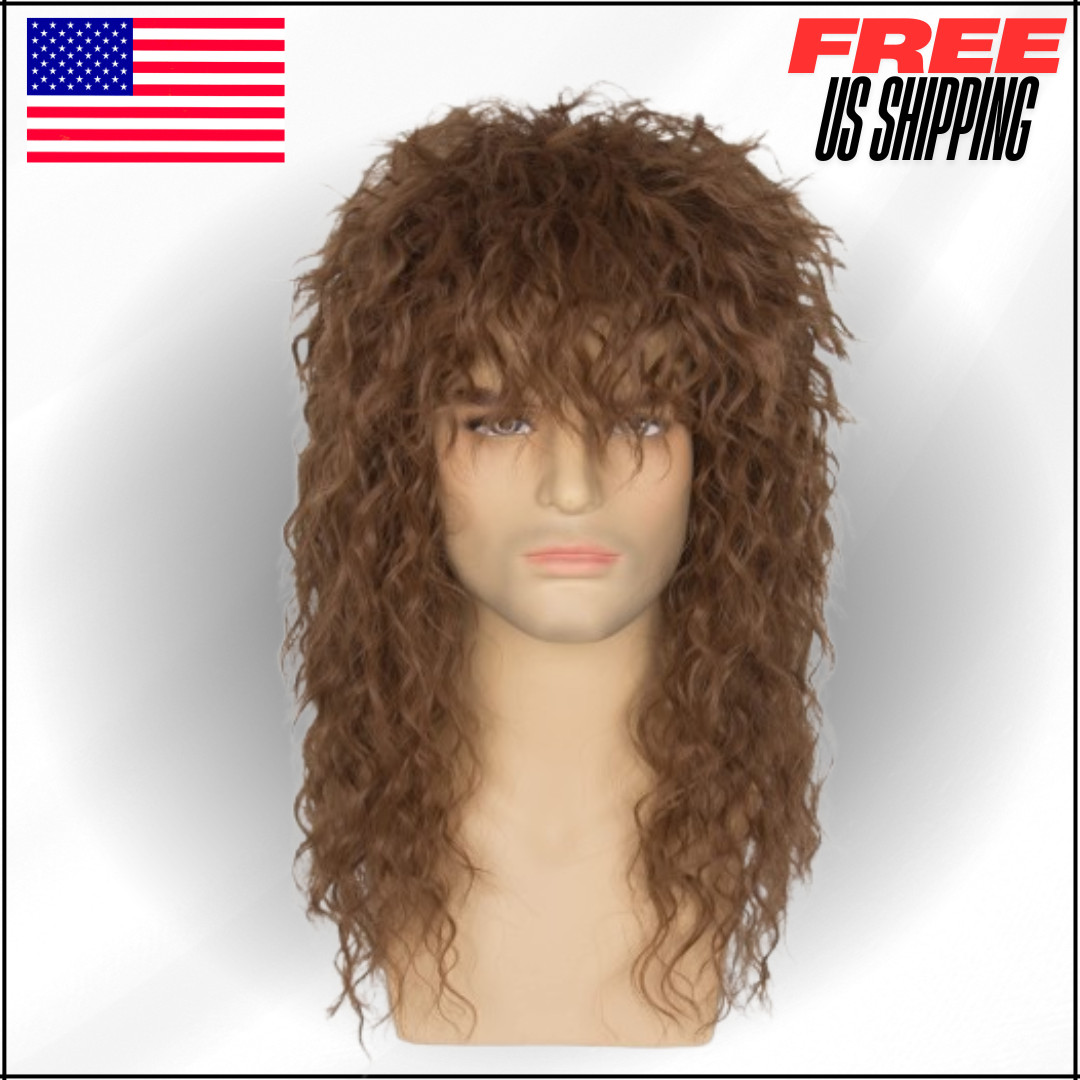 Curly Brown Long Hair Wig 80s Rocker Band Heavy Metal Costume Wig For Kid Age 7+