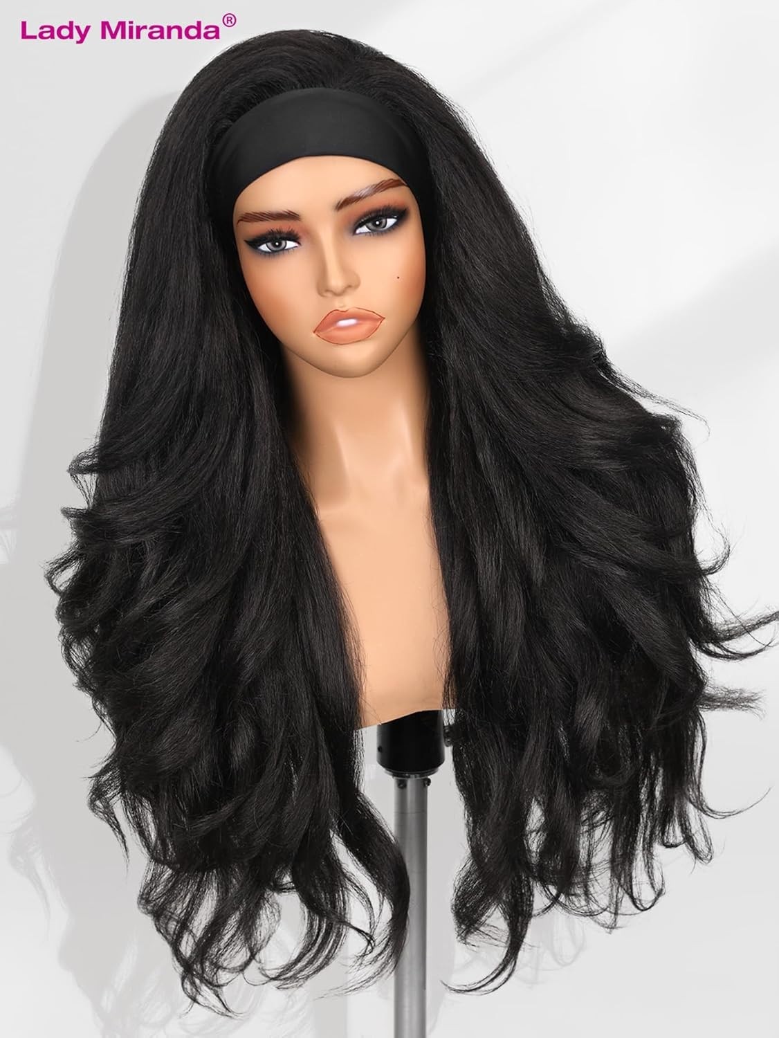 Yaki Wavy Headband Wig for Black Women Layered Filp 26in (Flower Headband) #1B