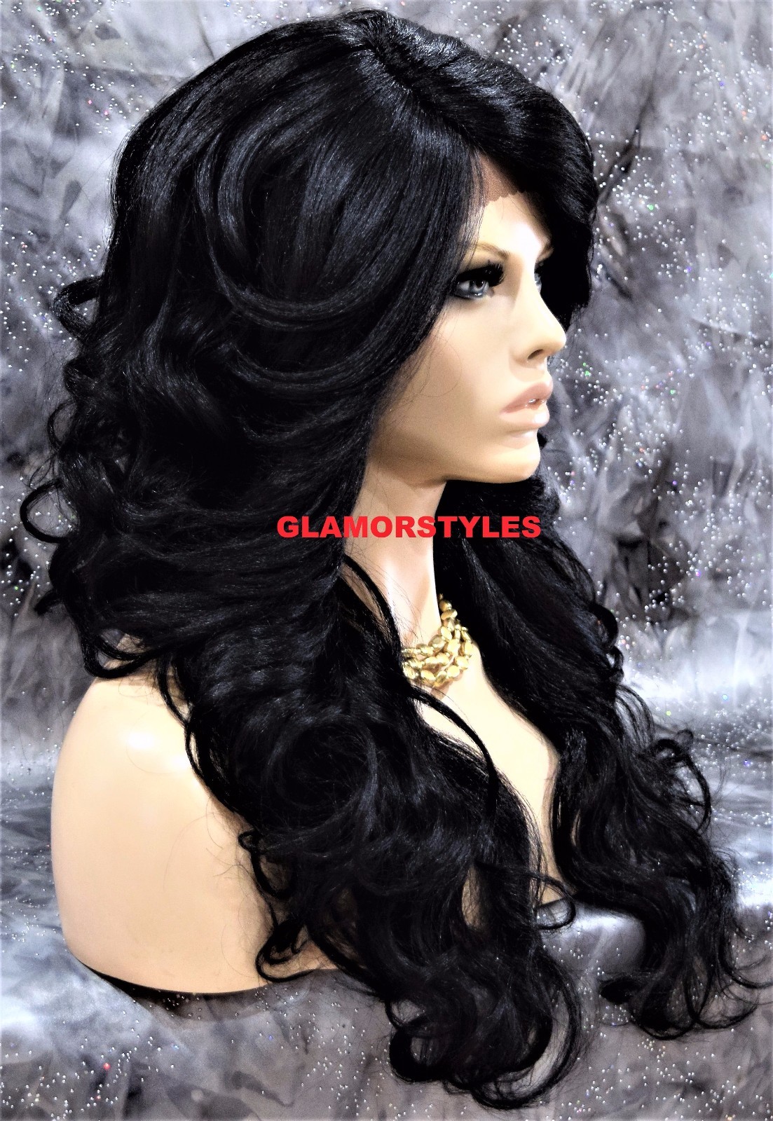 LACE FRONT FULL WIG LONG WAVY LAYERED SIDE PART JET BLACK #1 HEAT OK NWT