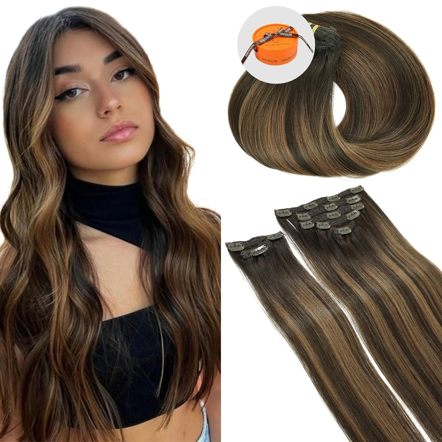 7pcs Clip in Hair Extensions Human Hair Extensions Dark Brown w/Chestnut 20″
