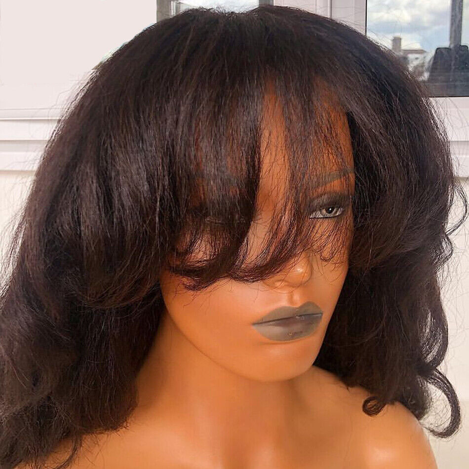 Yaki Wavy Full Machine Made O Scalp Top Human Hair Wig With Bangs Brazilian Remy