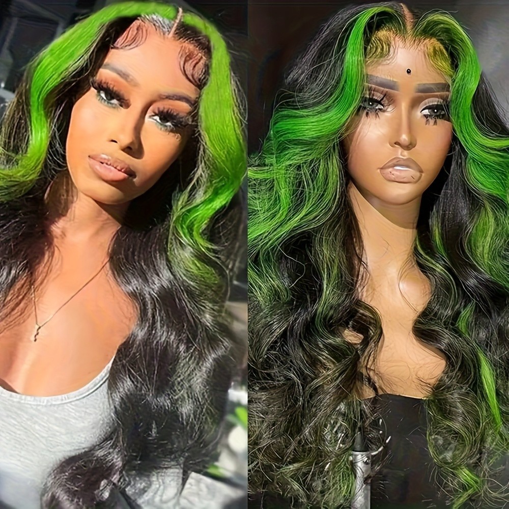 Green Highlights Ombre Long Wavy Lace Front Wigs Pre Plucked Natural Hairline