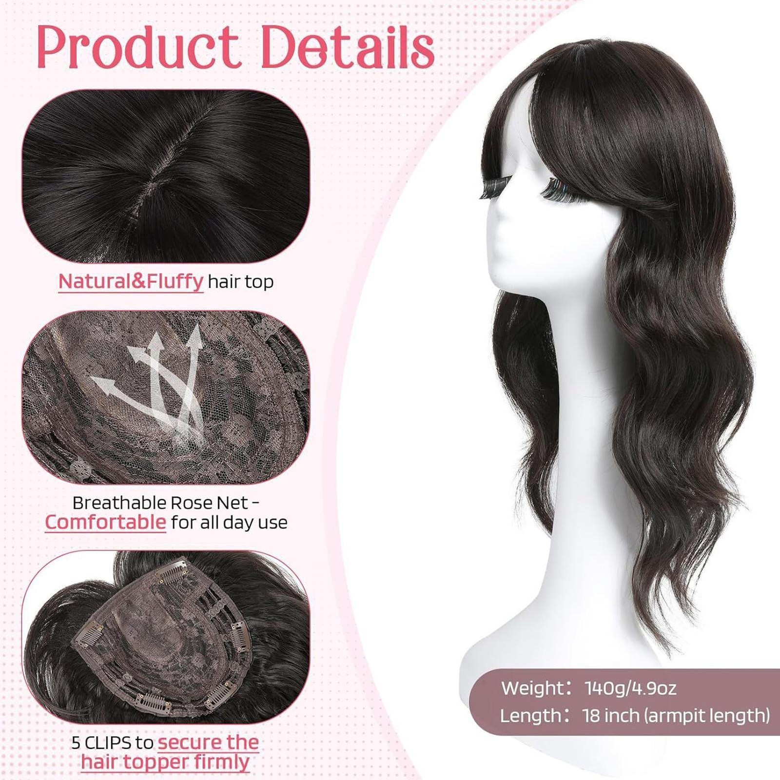 18-Inch Heat-Resistant Curly Wig Clip with Invisible Claw Clip for Natural Look`