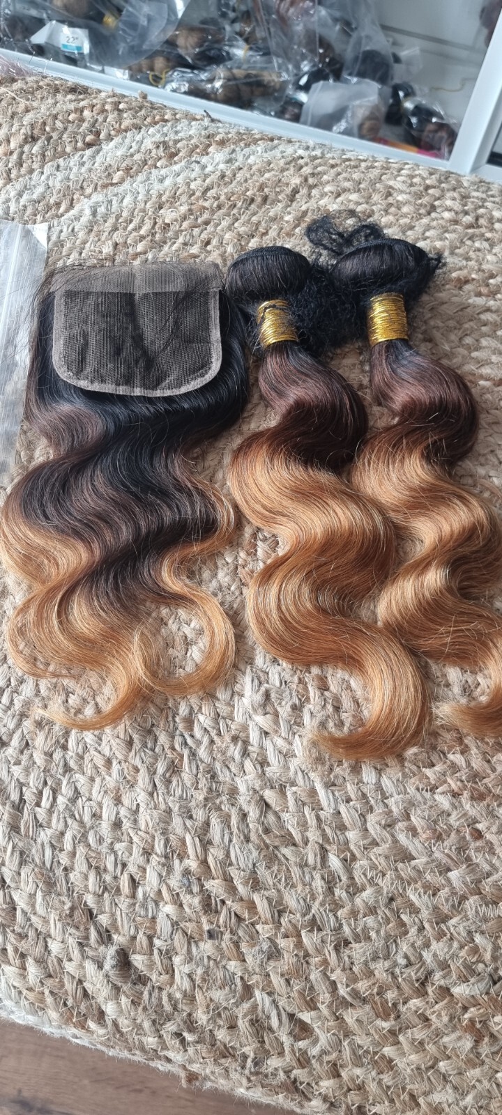 12A PERUVIAN HUMAN HAIR 3TONE ROOT OMBRE 16+16&14INCH 4X4 CLOSURE 250g BODY WAVE