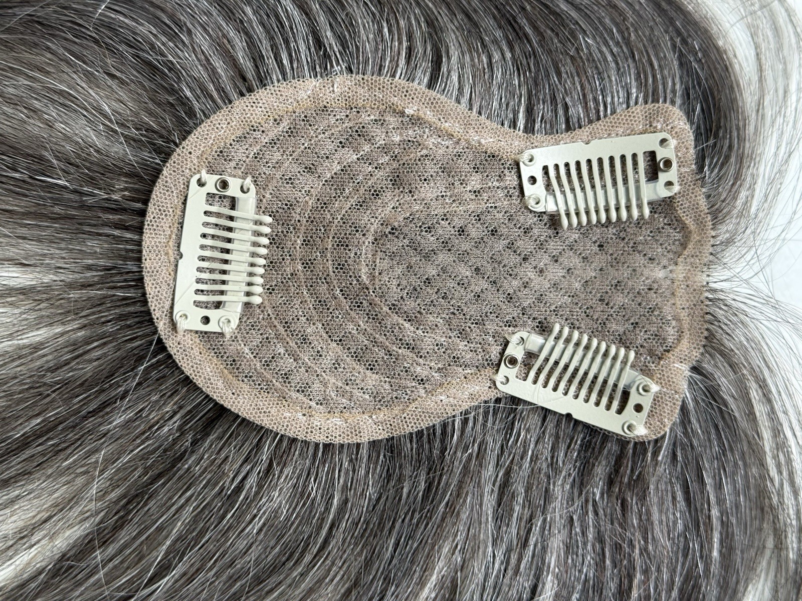 Flufymooz Hair Topper Gray Brown Mix 10” Clip-In Crown Coverage New