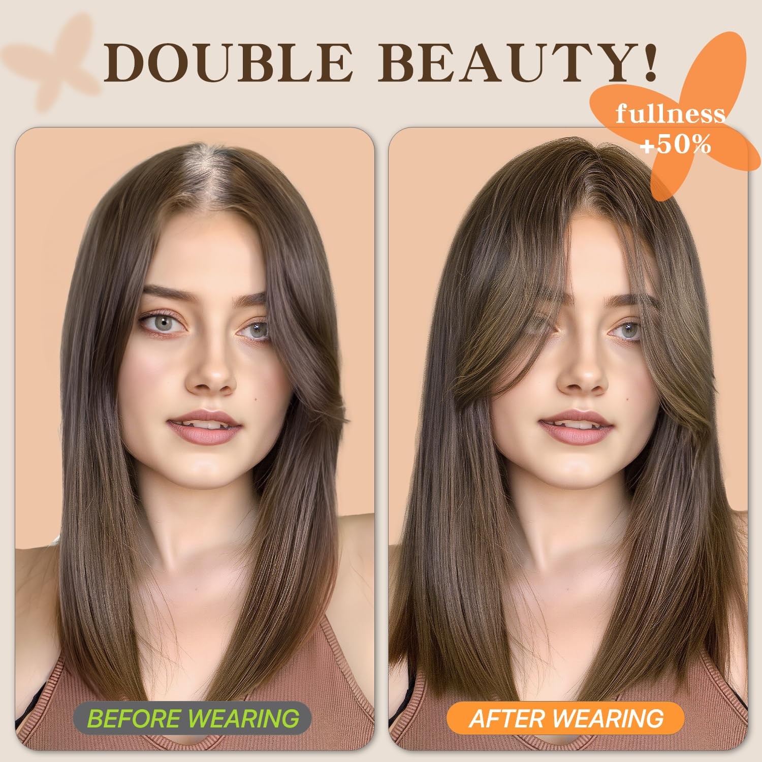 Medium brown 10-inch human hair topper, 100% Remy, 150% density, sleek, no bangs