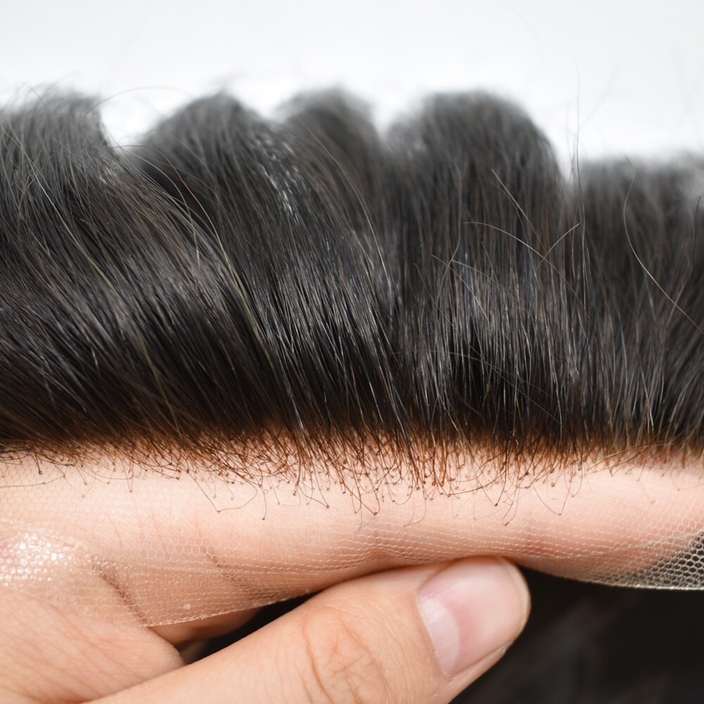Toupee for Men Hair System Replacement French Lace Front Poly Skin PU Mens Wigs