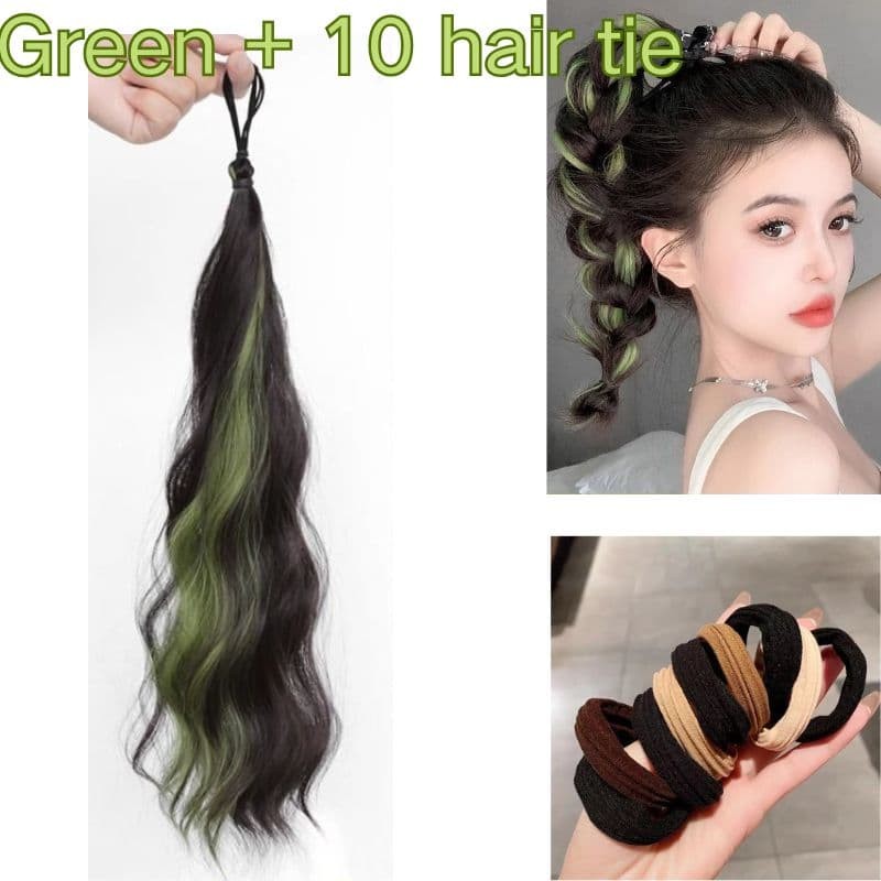 Wavy Ponytail Hair Extension Elastic Tie Dye Braids with 10 PCS Rubber Hair Ties
