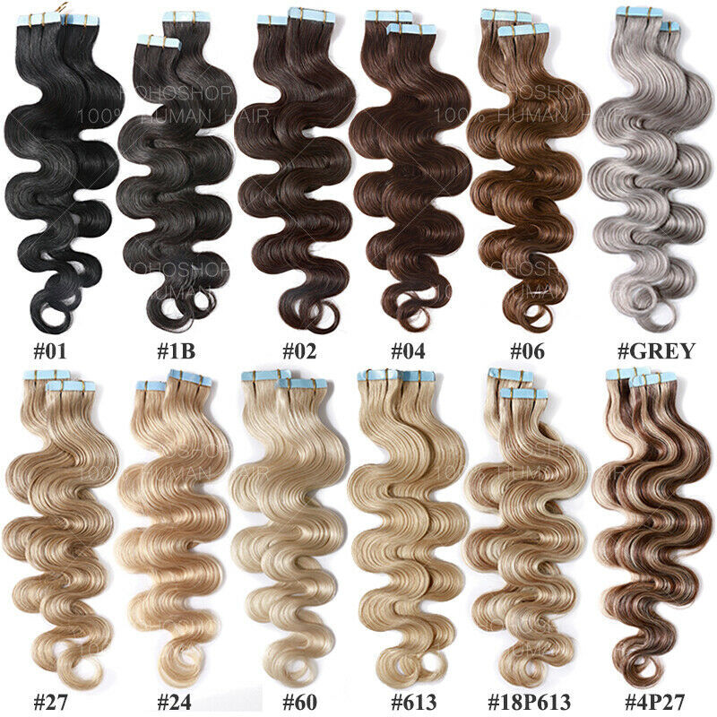 Skin Weft Remy Real Human Hair Extensions Tape In Full Head 200g WAVY Balayage