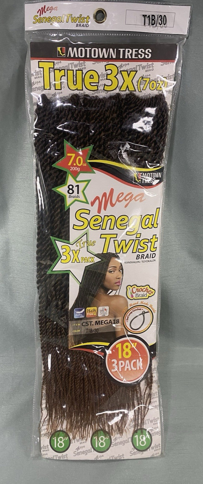 MOTOWN TRESS Mega Senegal Twist Crochet Braid 18″ Color T1B/30 3 Pack NEW 3X18