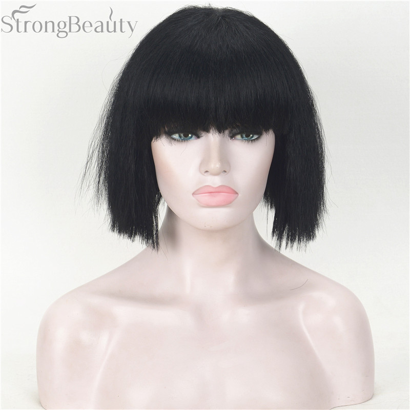 Synthetic Short Yaki Straight Wig Neat Bang Bob Black/Blonde Women’s Wigs