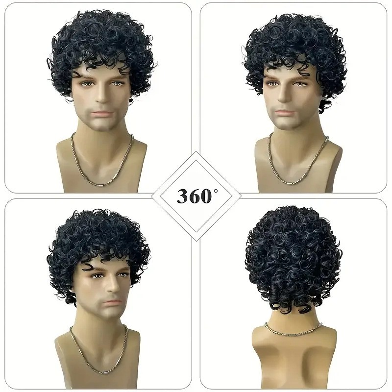 Mens Black Curly Wig African Short Beanie Hairpieces Male Universal Cosplay Wigs