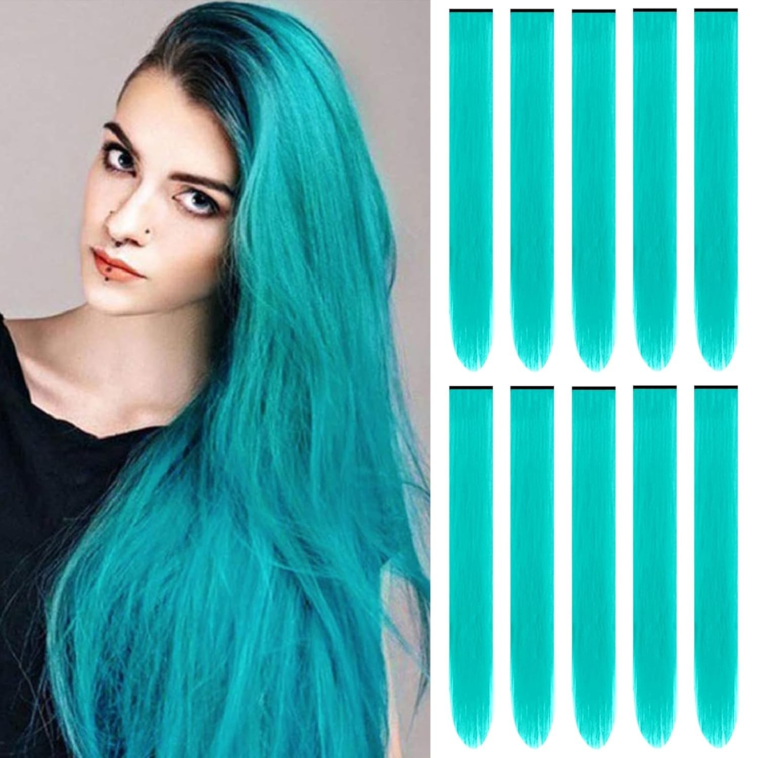 10 PCS 22-Inch Teal Blue Clip-In Extensions – Easy Styling for Women & Girls