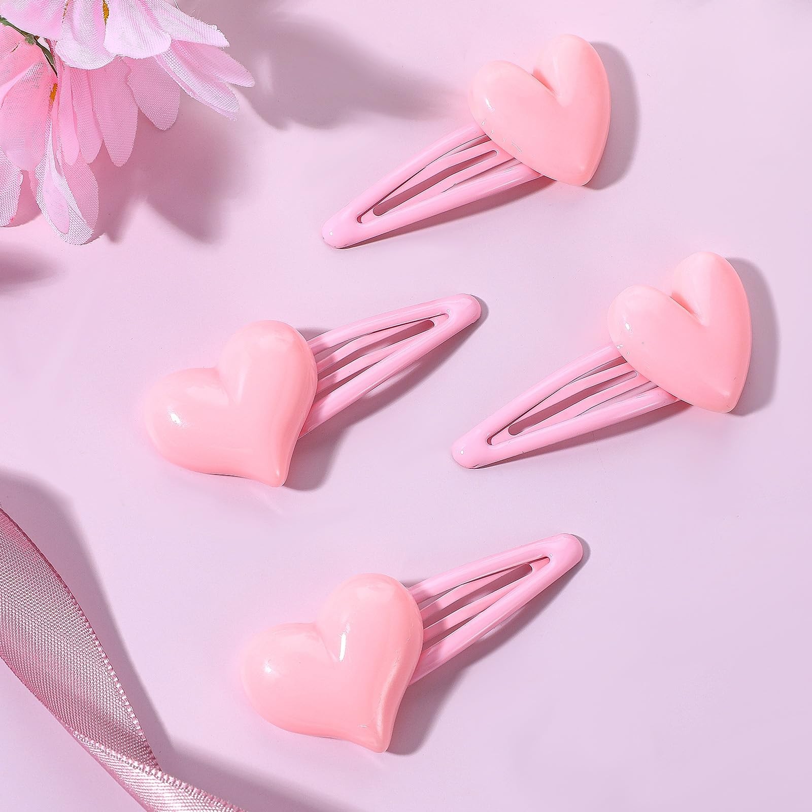 4 Pcs 2.28inch Snap Pink Heart Hair Clips Pins Accessory Metal Snap Clip Hear…
