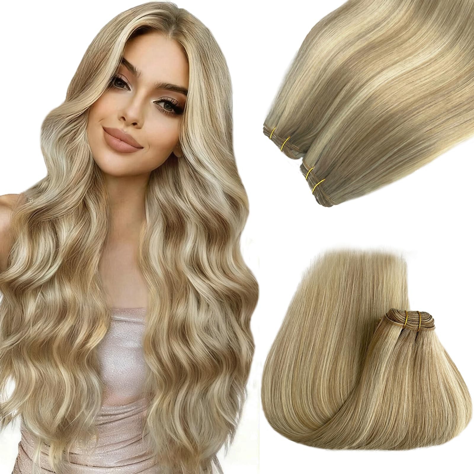 Munx Sew In Hair Extensions Real Human Hair Dark Brown Highlight Blonde 60 Weft