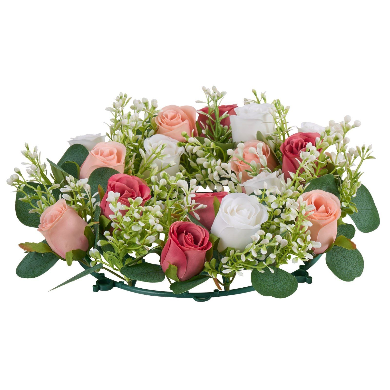 14in Pink & White Faux Rose Wreath, 10PC Floral Arrangement Decor