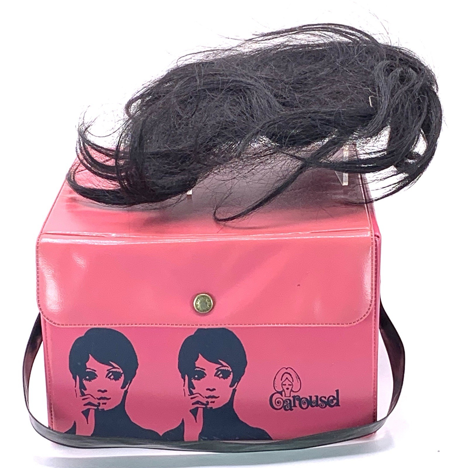 Vintage Carousel Mod Wig Carry Case Pink Vinyl with Wiglet Hairpiece * Read