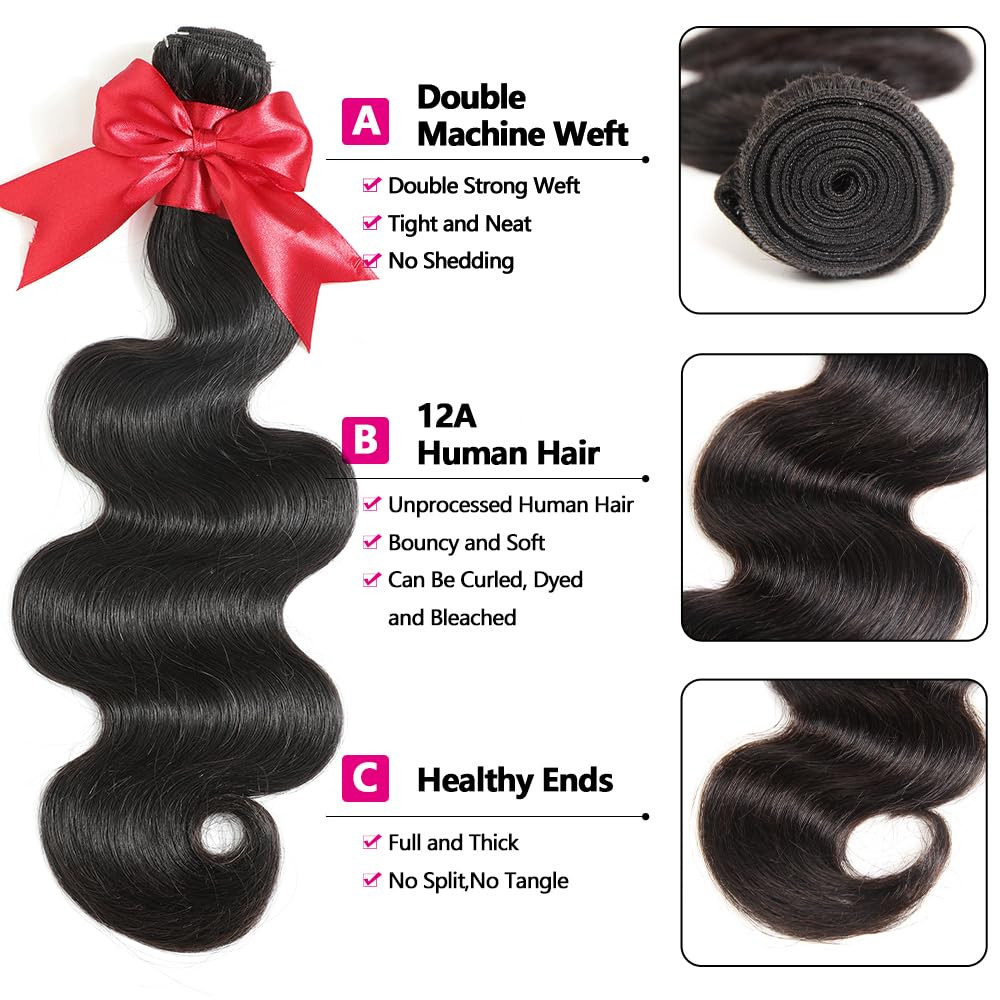 12A Human Hair Bundles with Closure 16 18 20 with 14 Inch Brazilian Body Wave 3