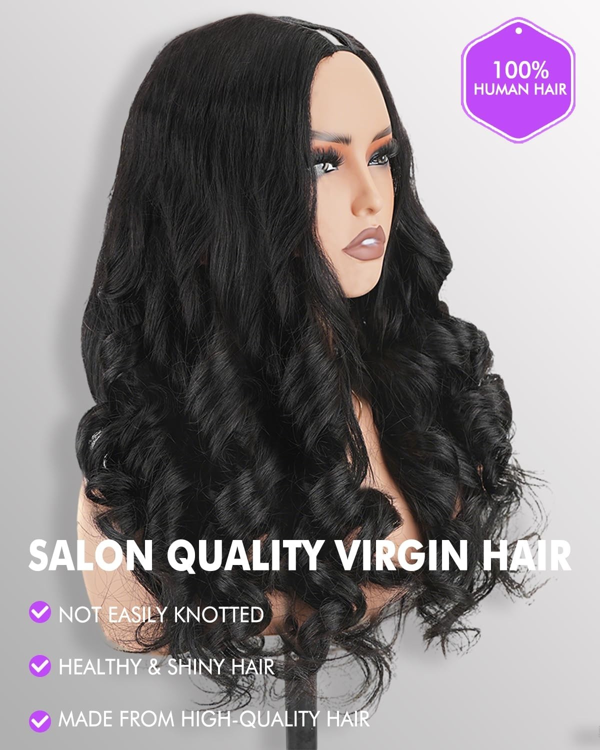 250% Density Body Wave V Part Human Hair Wig – Glueless Clip-In Half Wig, 20 Inc