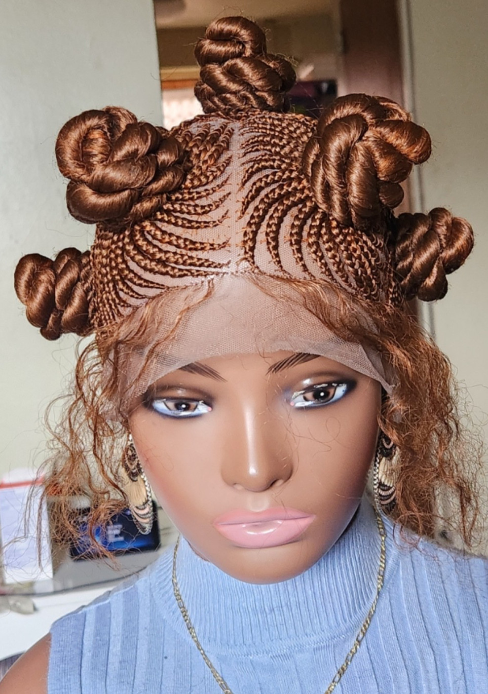 Handmade Bantu Knot Braided Full Lace Cornrow wig Brown