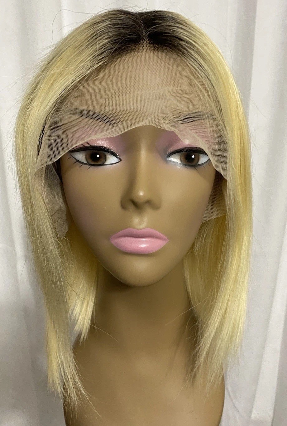 12 Inch Ombre Blonde Wig 1B/613 Human Hair Lace Front T-Part Blunt Cut Bob