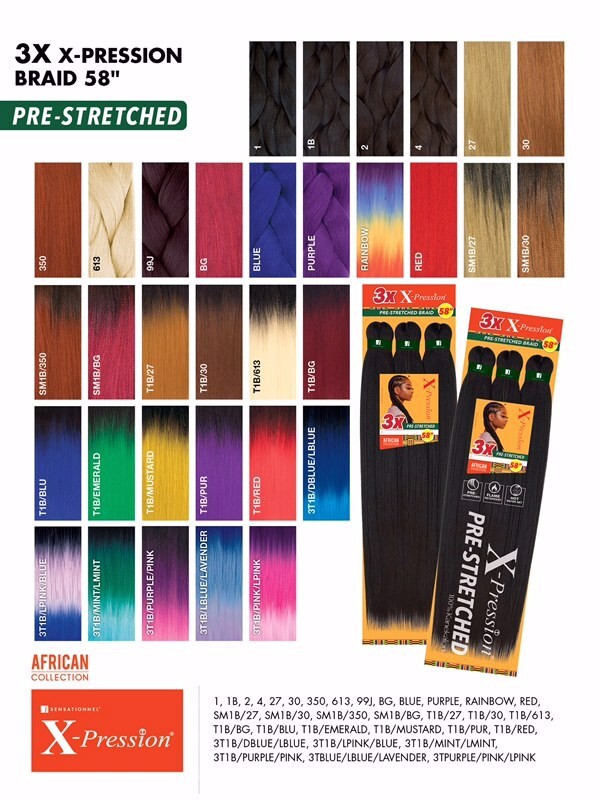 X-pression Expression 100% Kanekalon 3X Braid Hair Pre-Stretched 58″ #1B