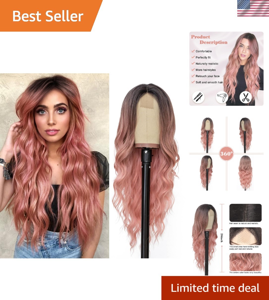Natural Look 26 Inch Ombre Pink Wavy Wig – Stylish, Adjustable & Breathable