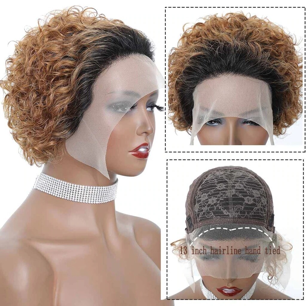 Short Ombre Blonde Curly Human Hair Lace Front Wig Wave Pixie Cut Wigs 13×1 Lace