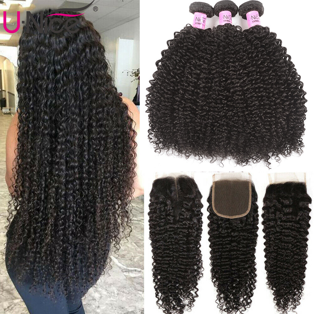 UNice Cambodian Kinky Curly Human Hair Extension Bundles with Lace Closure Weave