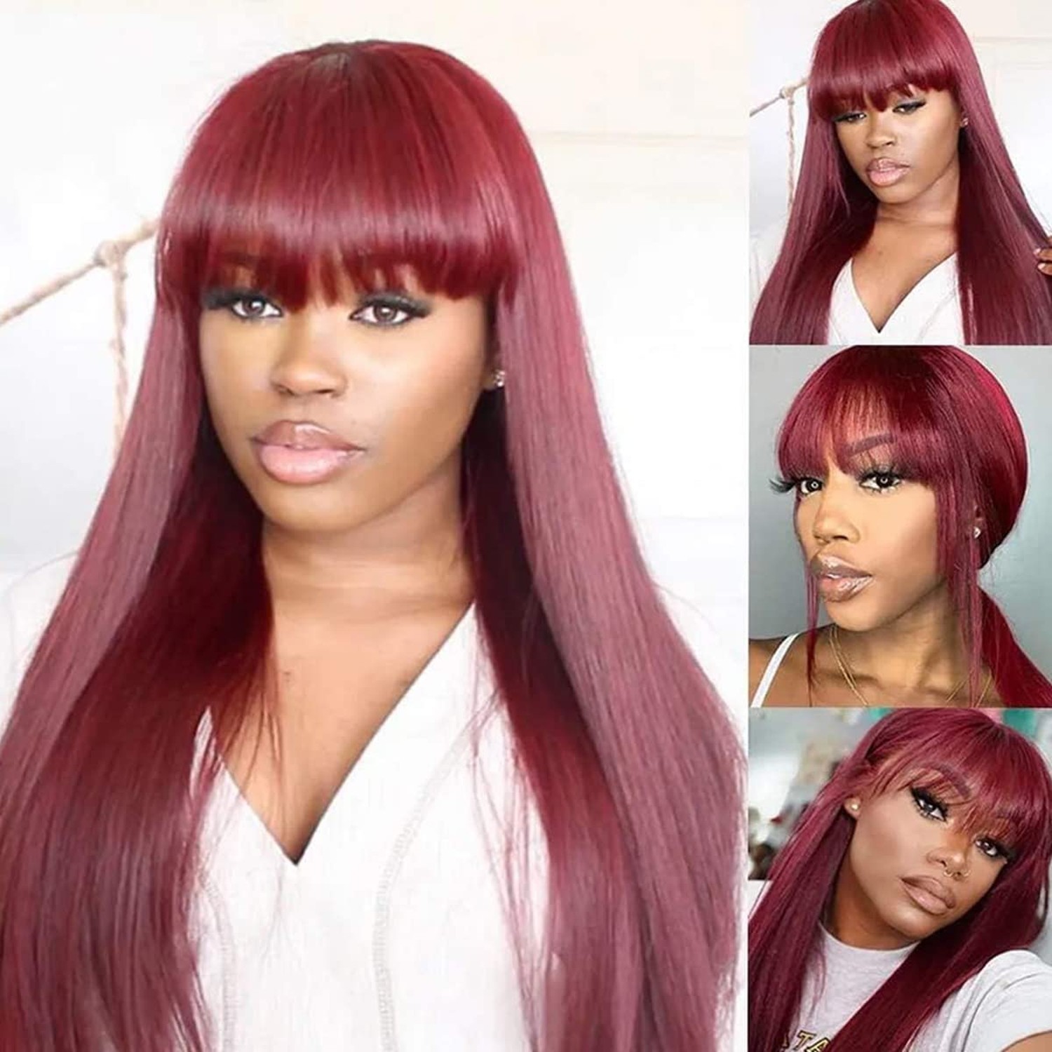 Burgundy Wig Human Hair Red Wigs with Bangs Brazilian Virgin Straight Wig wit…