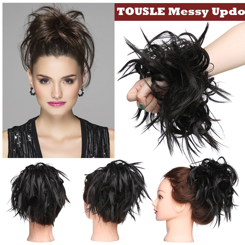 Tousled Updo Messy Ponytail Bun Elastic Band Wrap On Hair Piece Straight Wavy US