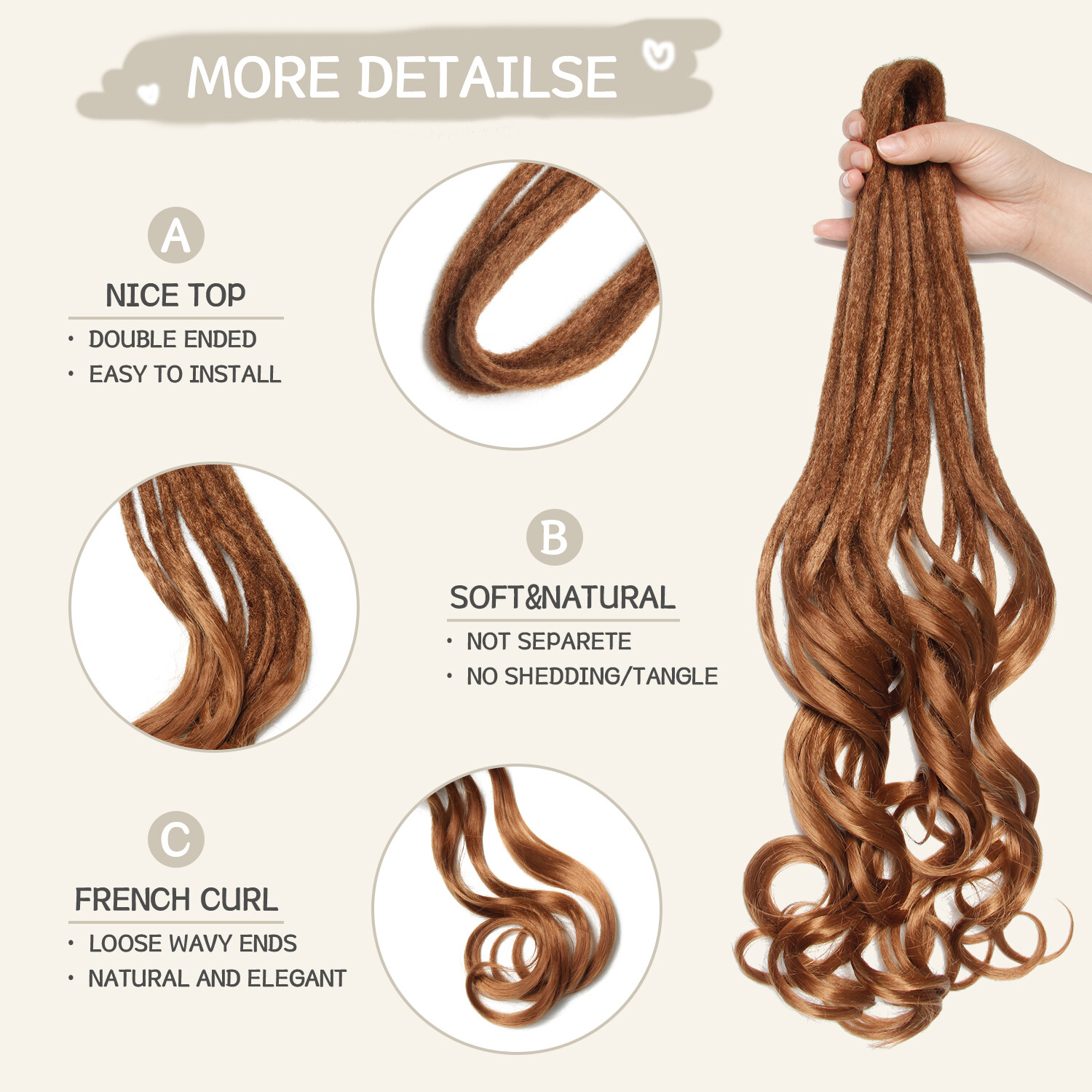 24″ French Curl Double Ended Dreadlocks Extension Princess Hair Curly DE Dreads