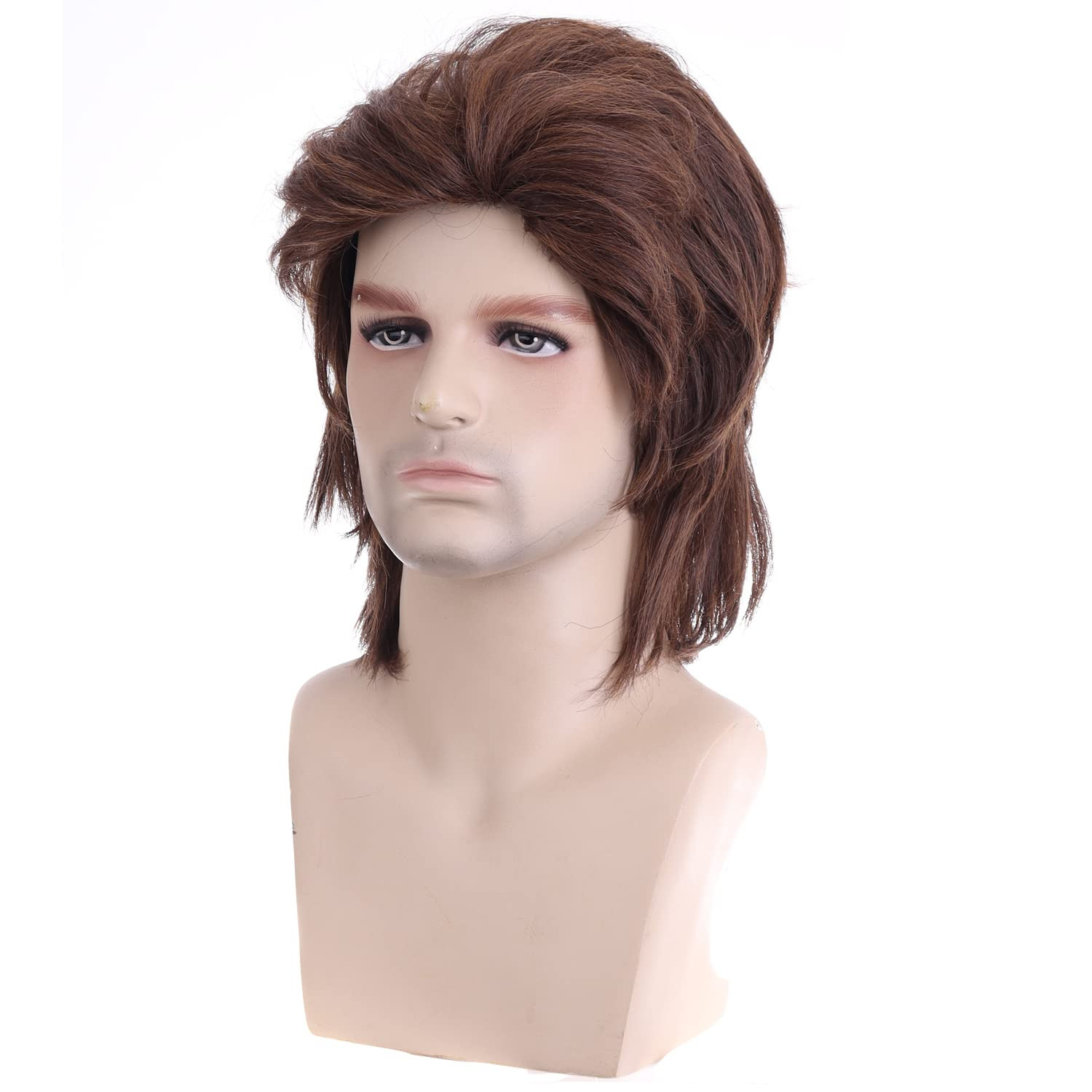 80S Brown Male Wig Men’S Mullet Punk Rocker Light Brown Curly Wig Cosplay Hallow