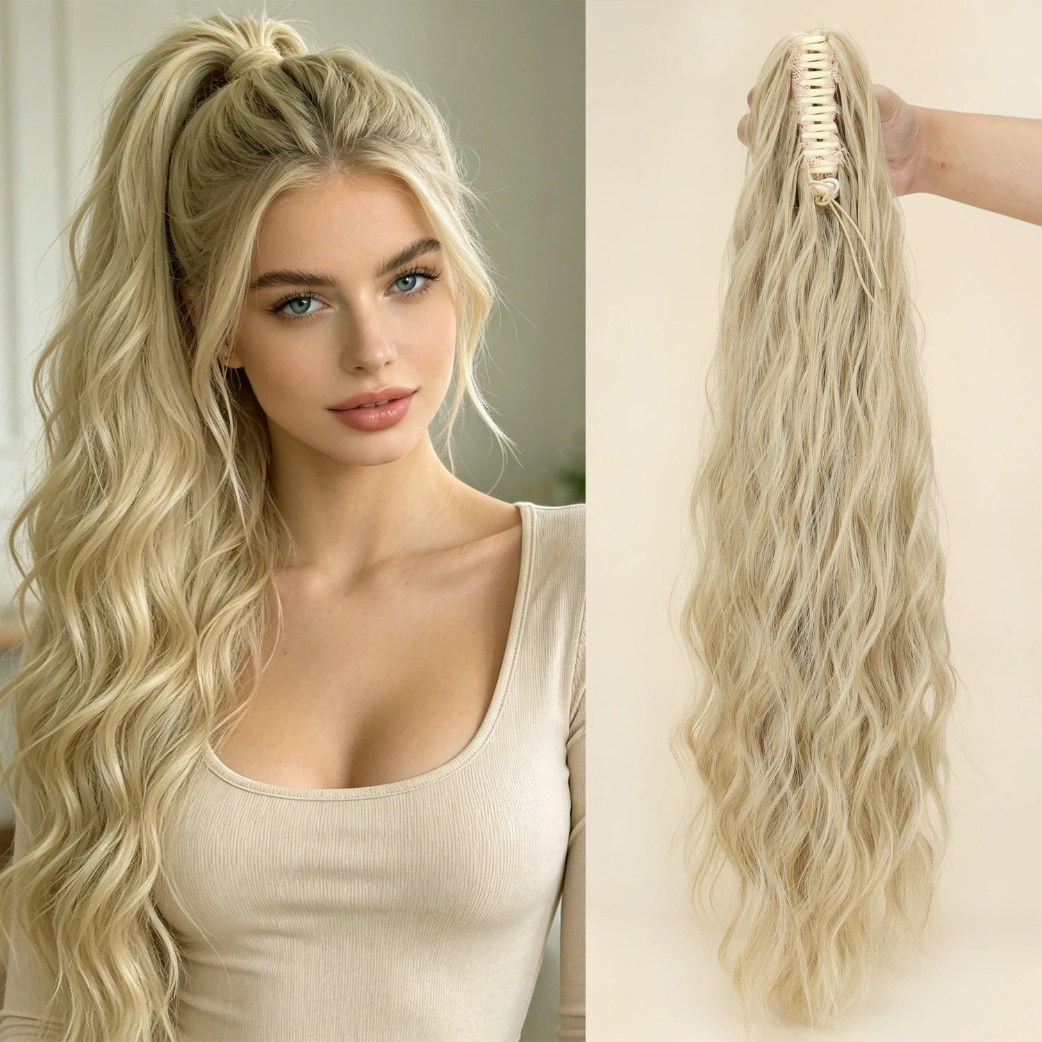 Fluffy Black Brown Water Wave Ponytail Extensions Synthetic Claw Clip for Women