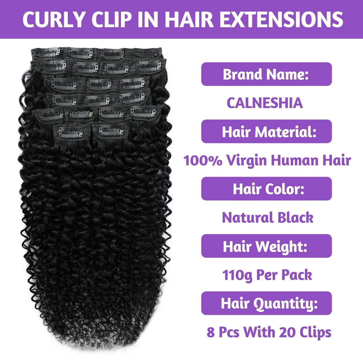 Calneshia 3C 4A Curly Clip In Hair Extensions Real Human Hair 24 Inch 110G 8Pcs