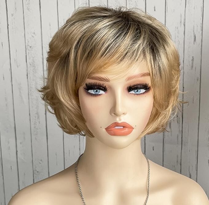 Short Fluffy Layered Wavy Synthetic Hair Blonde Mix Capless Wigs 8 Inches