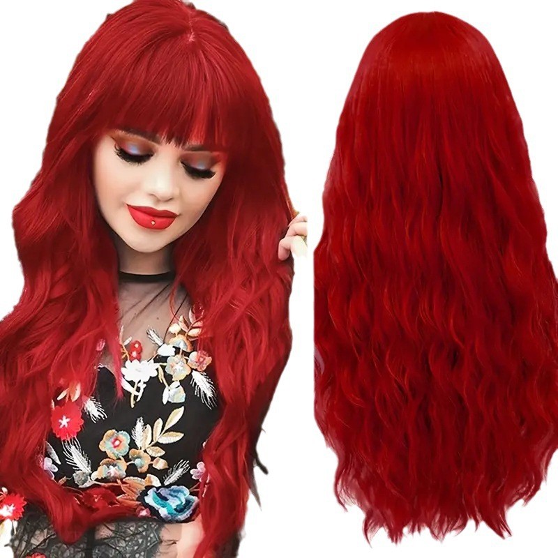 Multicolor Water Wave Long Curly Wig with Bangs Heat Resistant Synthetic Full