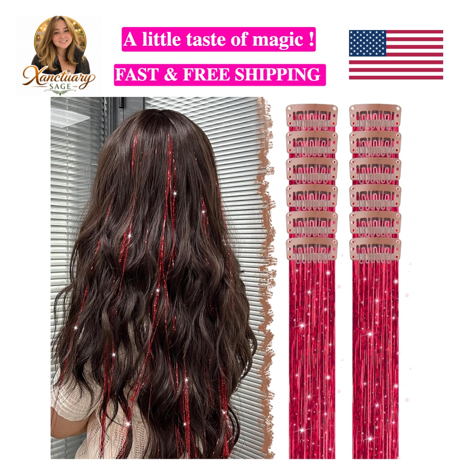 Transform Your Hair with 12 PCS Red Clip-in Glitter Tinsel Extensions – 20 Inch