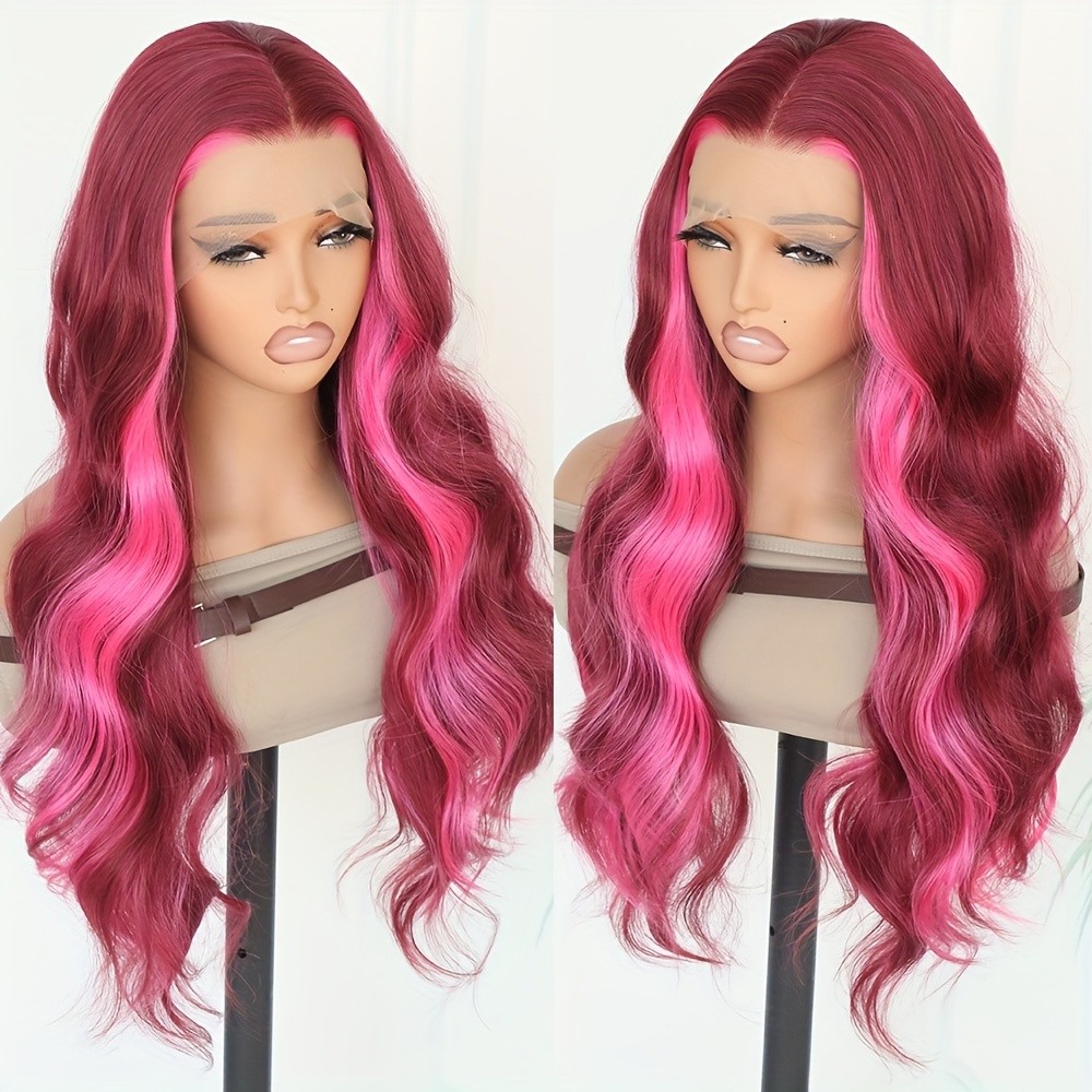 Long Wavy Skunk Stripe 13×4 Free Part Pink Purple Mixed Color Lace Front Wigs
