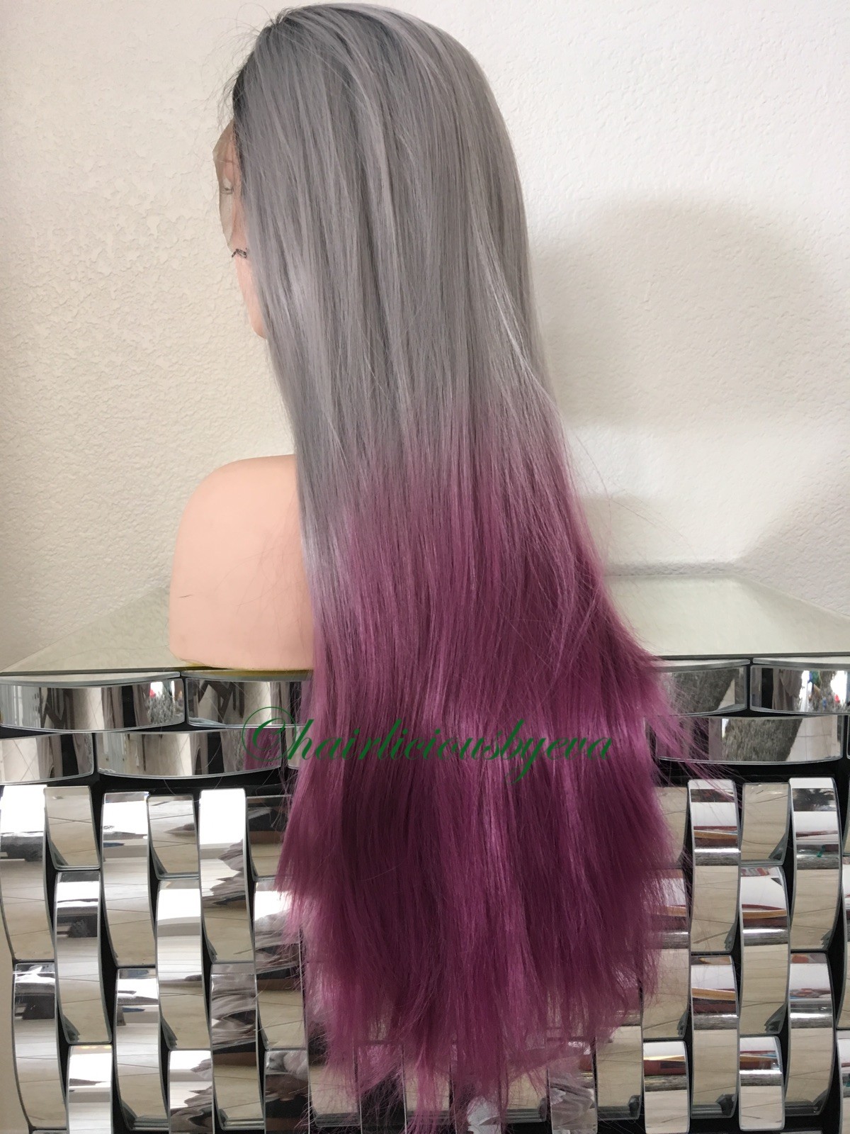 Pastel Rainbow Gray Purple Wig Straight Ombre Dark Roots Heat Resistant 26” Lon