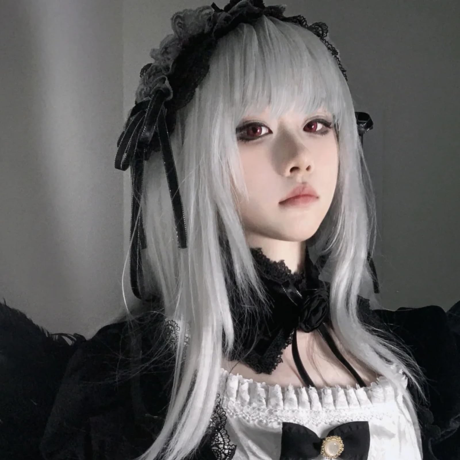 Anogol 80cm Long Straight Hair Silver Wigs Lolita Gray Cosplay Wig for Cosplay
