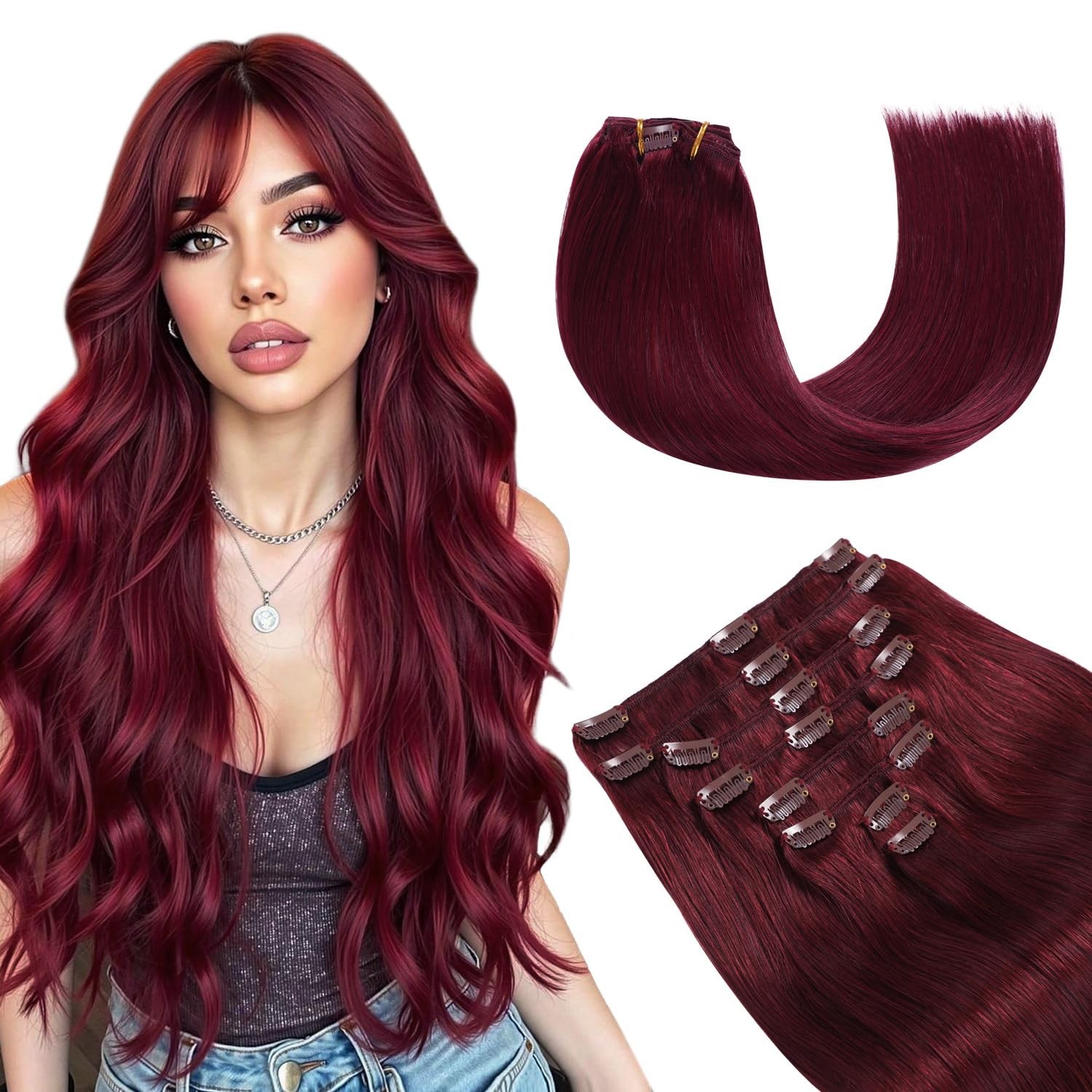 Burgundy Clip-In Human Hair Extensions 18″ 120g Silky Remy Double Weft Thick