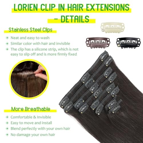 LORIEN Clip in Hair Extensions Real Human Hair, 18 Inch 100g/3.6oz, 1B Natural B