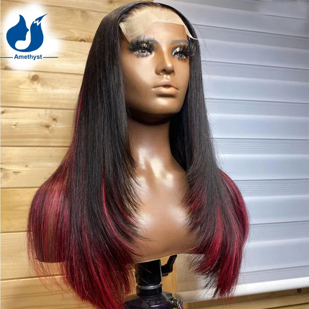 Layered Cut Ombre Burgundy Glueless Human Hair Lace Front Wig With Dark Root