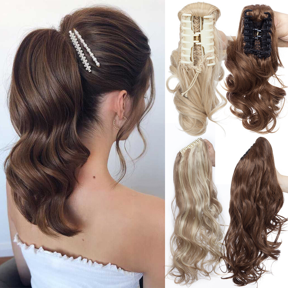 Long Wavy Curly Straight Synthetic Clip In Hair Extensions Claw on Ponytail US
