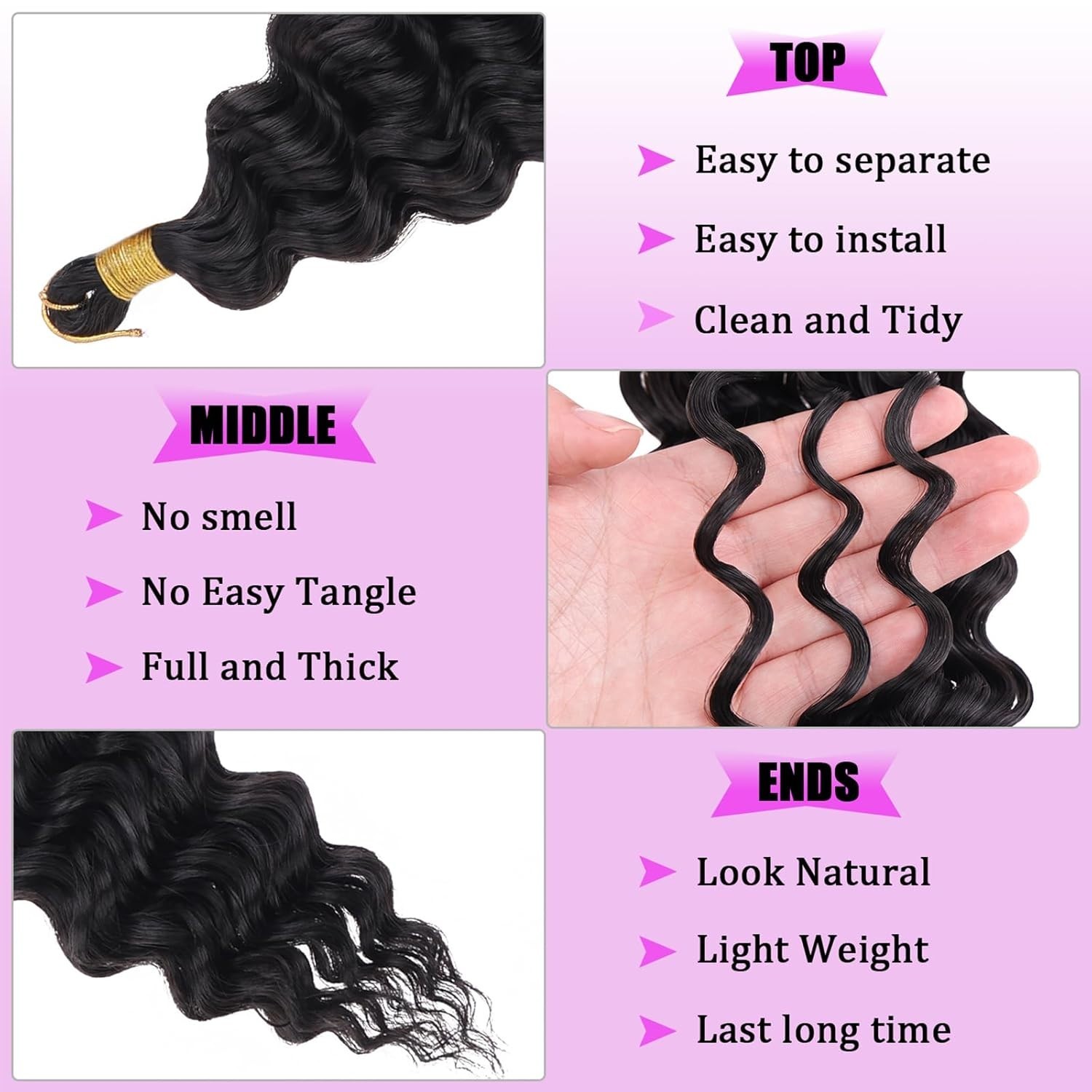Boho Style Deep Wave Crochet Hair, 18 Inch – Soft Synthetic Hair in Black, 3 Pcs